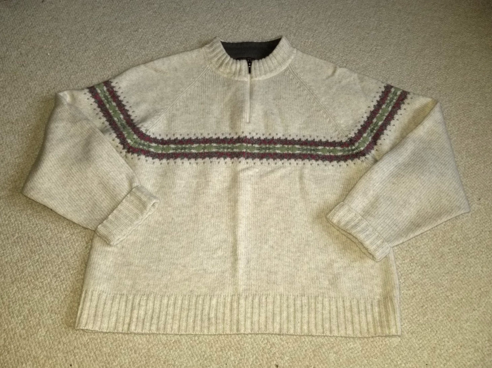 VINTAGE Womens Sweater-WOOLRICH-beige/green/pink fair isle lambswool 1/4 zip-M